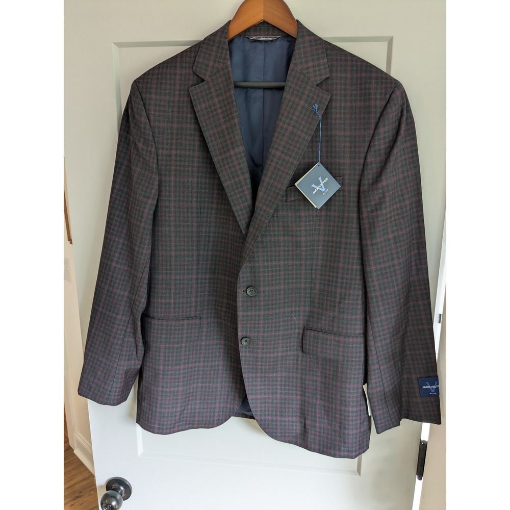 NWT Jack Victor Elite Mens Slim Fit‎ Plaid Wool Sport Coat Blazer Burgundy 44R
